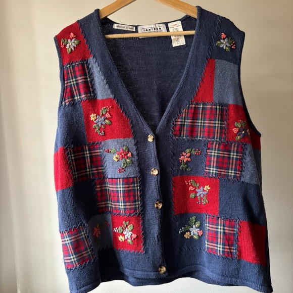Jantzen Tops - 1990s Patchworked Cotton Vest with with Hand-Embroidered Flowers
